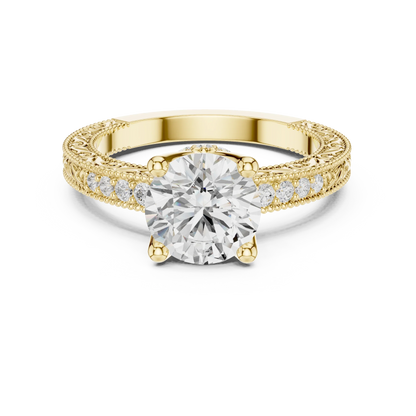 Round vintage filigree ring in yellow gold with milgrain, channel set diamond band and lab-grown diamond – Australia