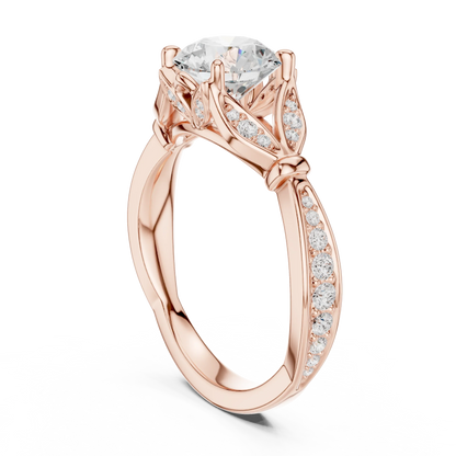 Back view of rose gold round vintage floral leaf ring with pave diamond band and lab-grown diamond – Australia