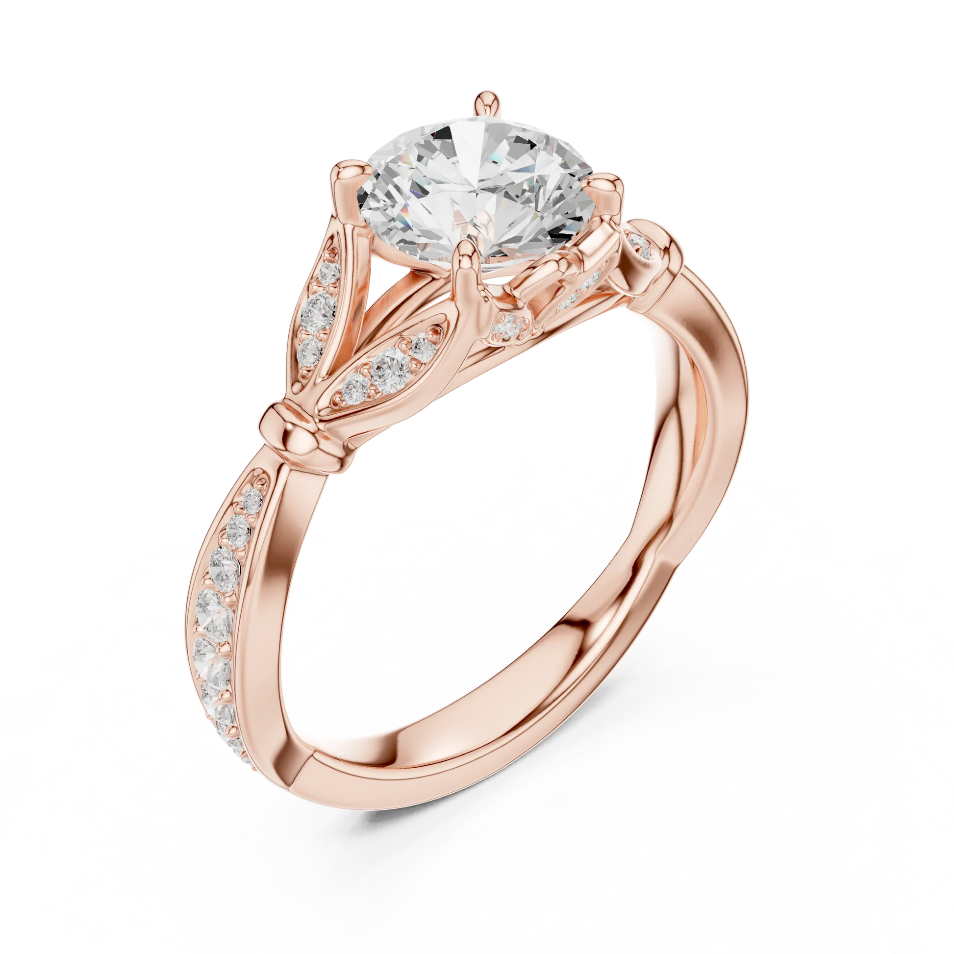 Front view of rose gold round vintage floral leaf ring with pave diamond band and lab-grown diamond – Australia