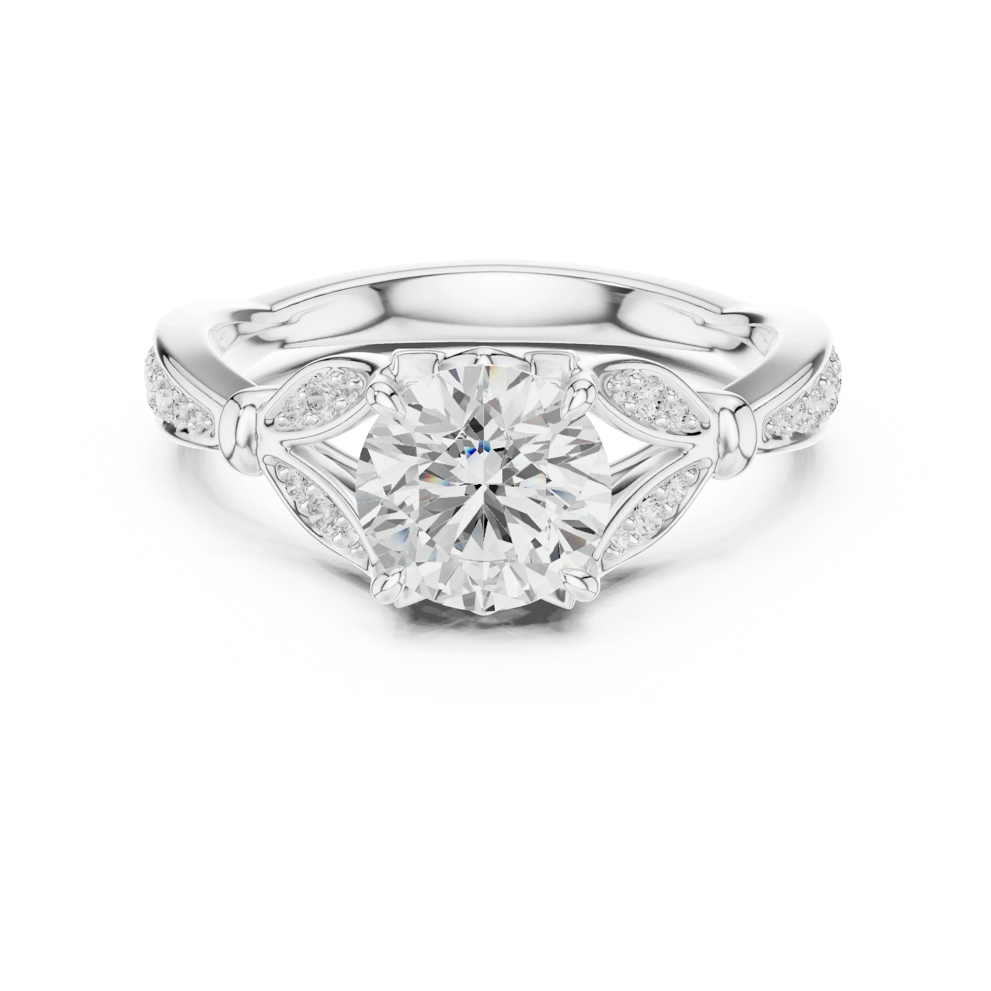 Round vintage floral leaf ring in white gold with pave diamond band and lab-grown diamond – Australia