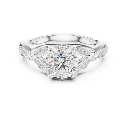 Round vintage floral leaf ring in white gold with pave diamond band and lab-grown diamond – Australia
