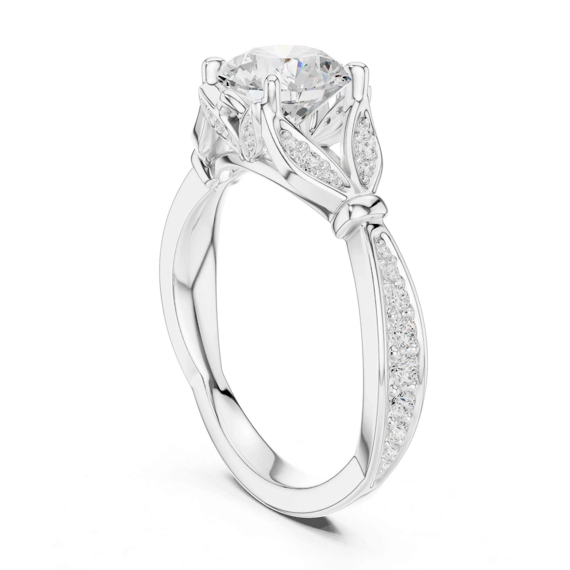 Back view of white gold round vintage floral leaf ring with pave diamond band and lab-grown diamond – Australia