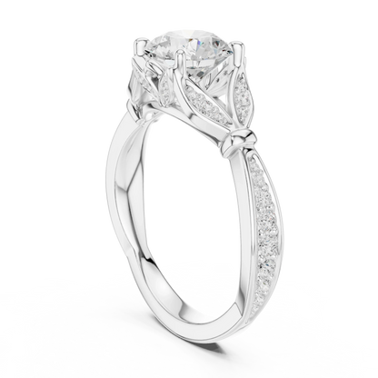 Back view of white gold round vintage floral leaf ring with pave diamond band and lab-grown diamond – Australia