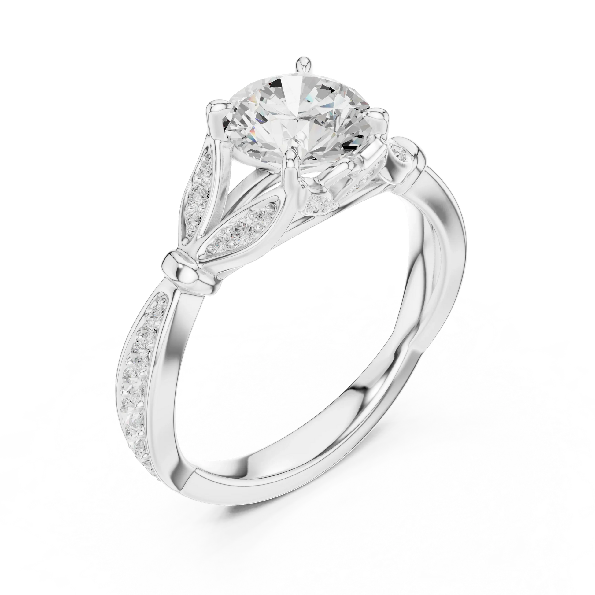 Front view of white gold round vintage floral leaf ring with pave diamond band and lab-grown diamond – Australia