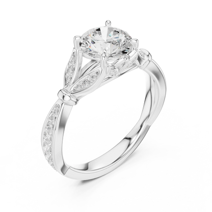 Front view of white gold round vintage floral leaf ring with pave diamond band and lab-grown diamond – Australia