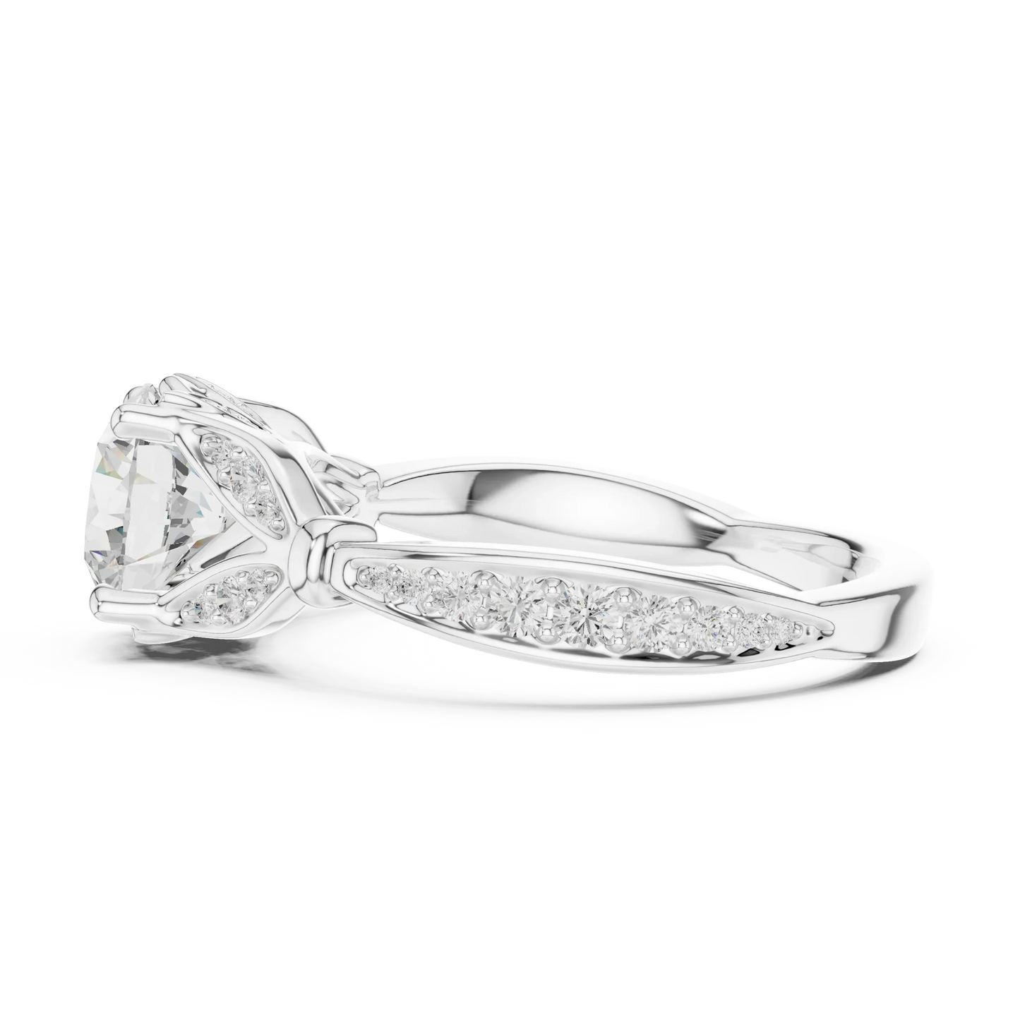 Side view of white gold round vintage floral leaf ring with pave diamond band and lab-grown diamond – Australia