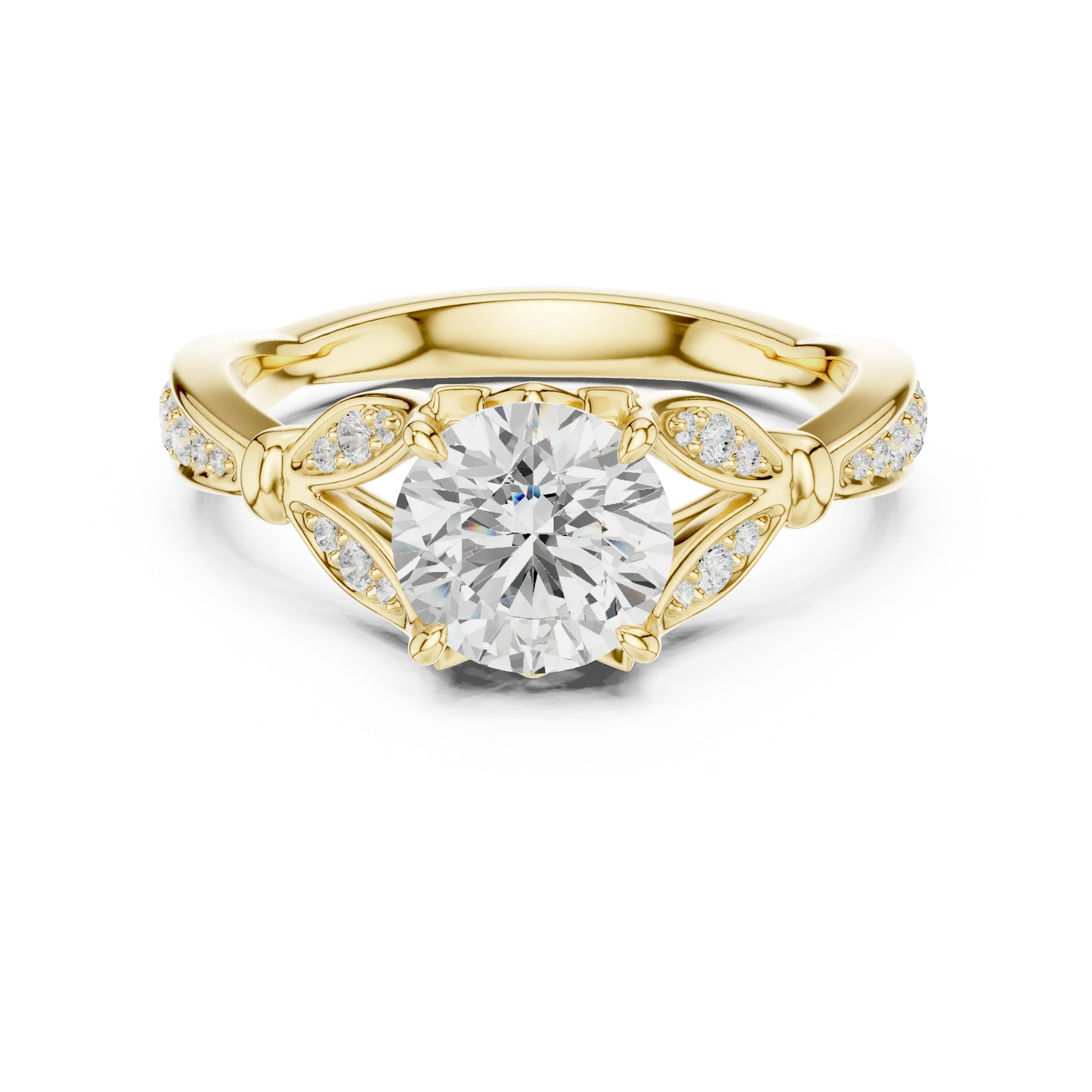 Round vintage floral leaf ring in yellow gold with pave diamond band and lab-grown diamond – Australia