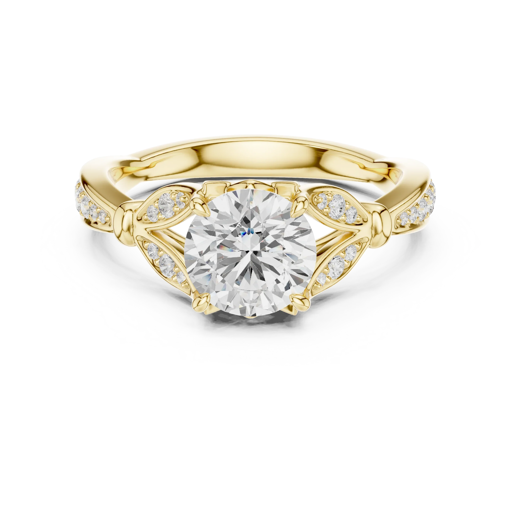 Round vintage floral leaf ring in yellow gold with pave diamond band and lab-grown diamond – Australia