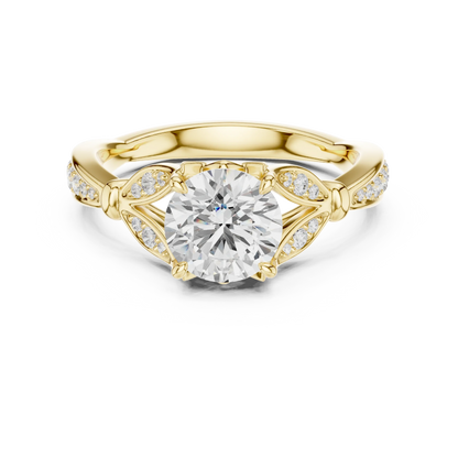Round vintage floral leaf ring in yellow gold with pave diamond band and lab-grown diamond – Australia