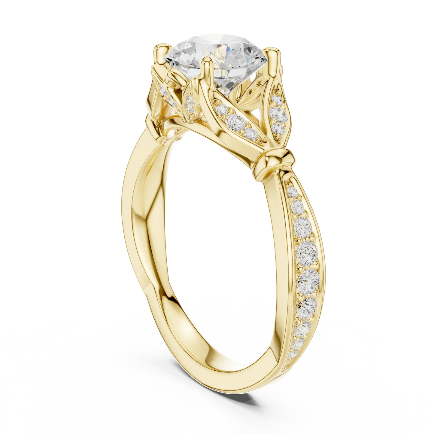 Back view of yellow gold round vintage floral leaf ring with pave diamond band and lab-grown diamond – Australia