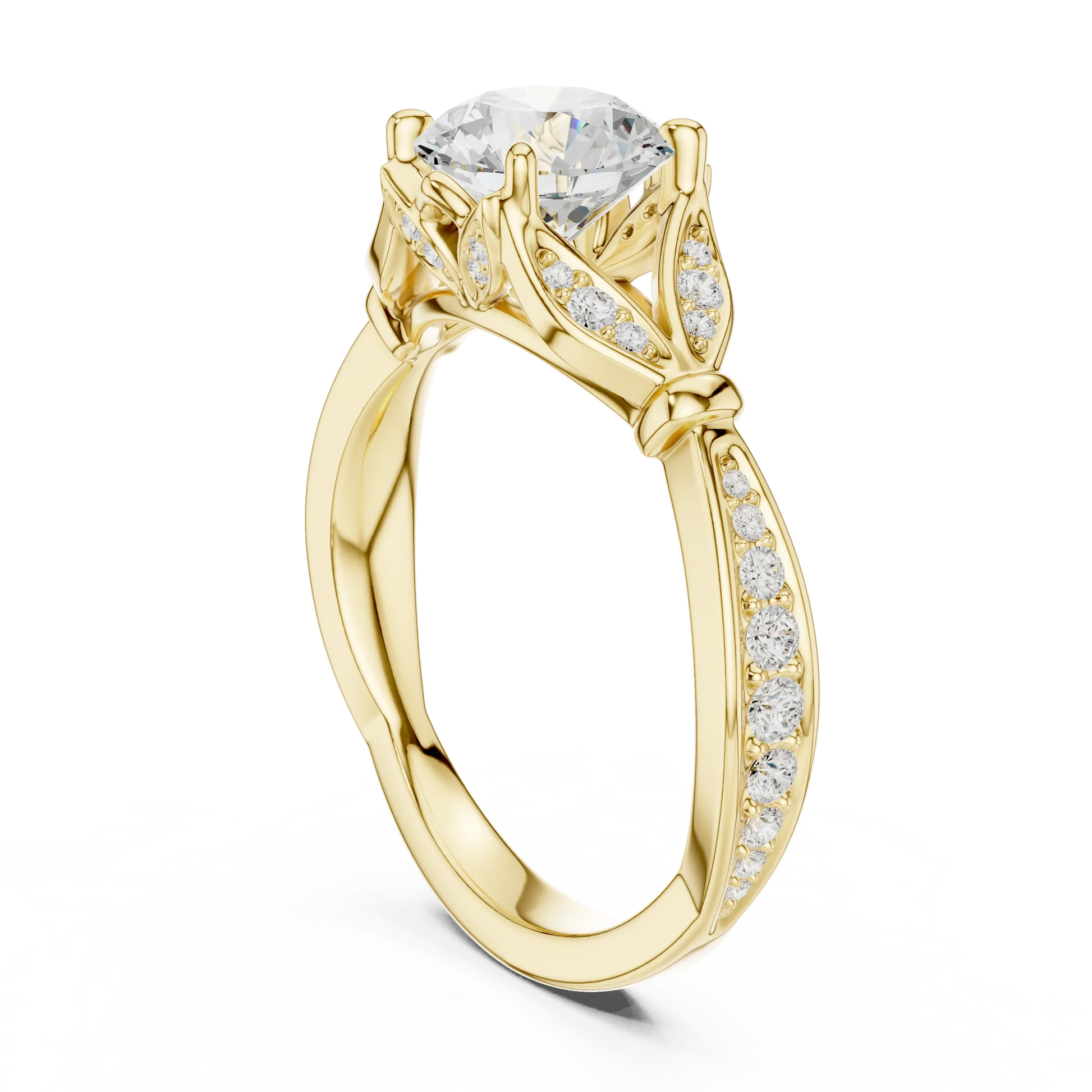 Back view of yellow gold round vintage floral leaf ring with pave diamond band and lab-grown diamond – Australia