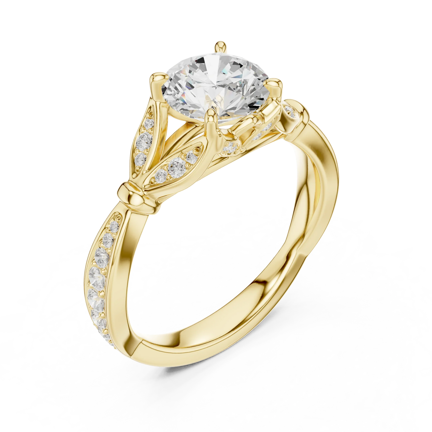 Front view of yellow gold round vintage floral leaf ring with pave diamond band and lab-grown diamond – Australia
