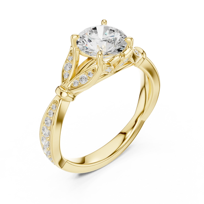 Front view of yellow gold round vintage floral leaf ring with pave diamond band and lab-grown diamond – Australia