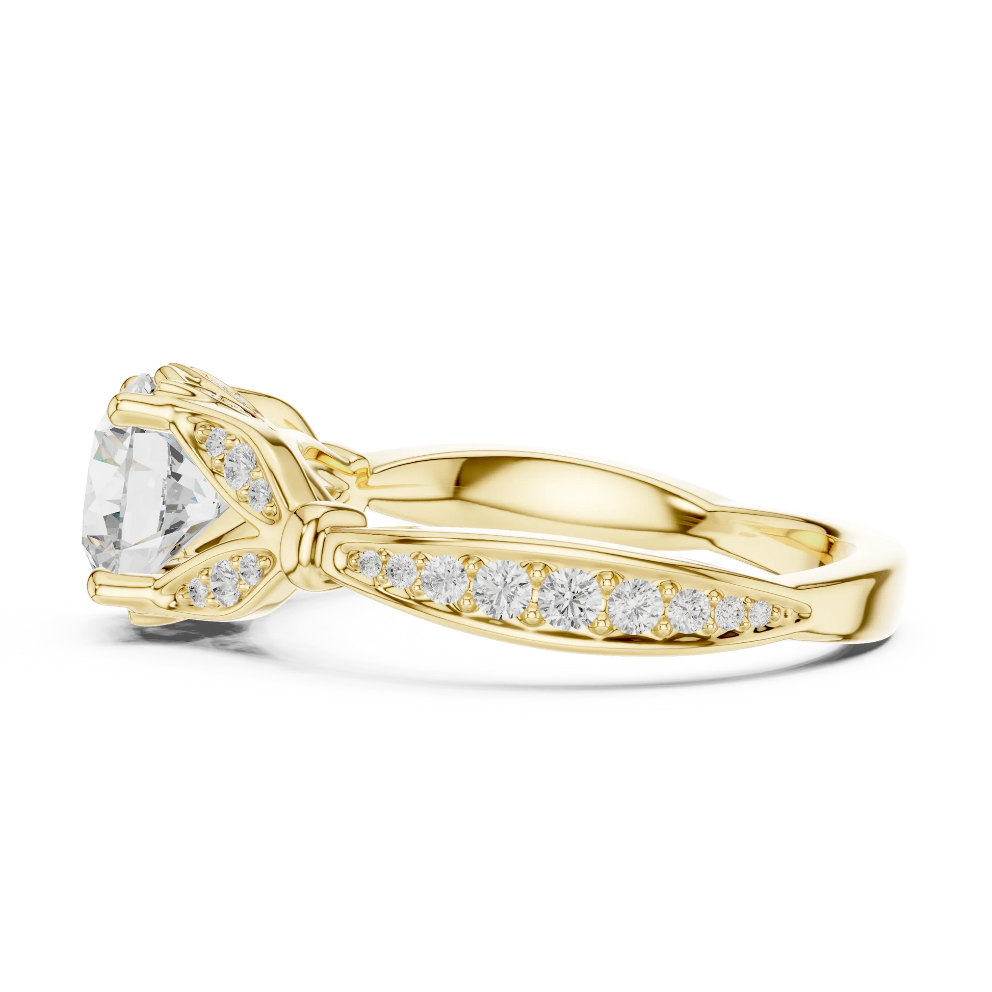 Side view of yellow gold round vintage floral leaf ring with pave diamond band and lab-grown diamond – Australia