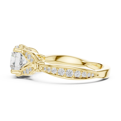 Side view of yellow gold round vintage floral leaf ring with pave diamond band and lab-grown diamond – Australia