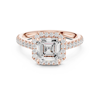 Front view of rose gold royal halo Asscher cut diamond ring with lab-grown center stone surrounded by halo diamonds, modern vintage look