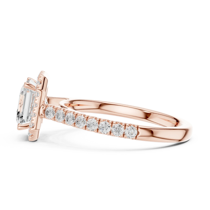 Side view of rose gold Asscher cut diamond ring with royal halo setting showcasing elegant band and elevated center stone