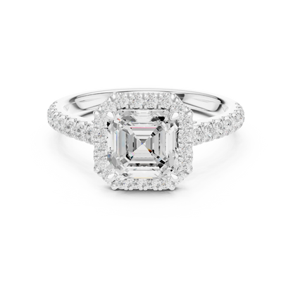 Front view of white gold royal halo Asscher cut diamond ring with lab-grown center stone surrounded by halo diamonds, vintage geometric elegance