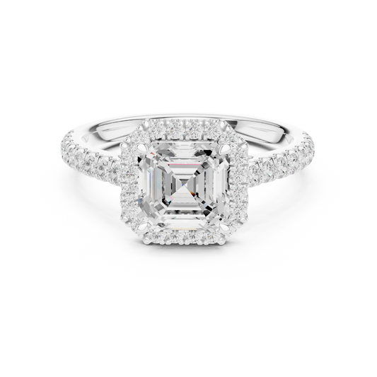Front view of white gold royal halo Asscher cut diamond ring with lab-grown center stone surrounded by halo diamonds, vintage geometric elegance