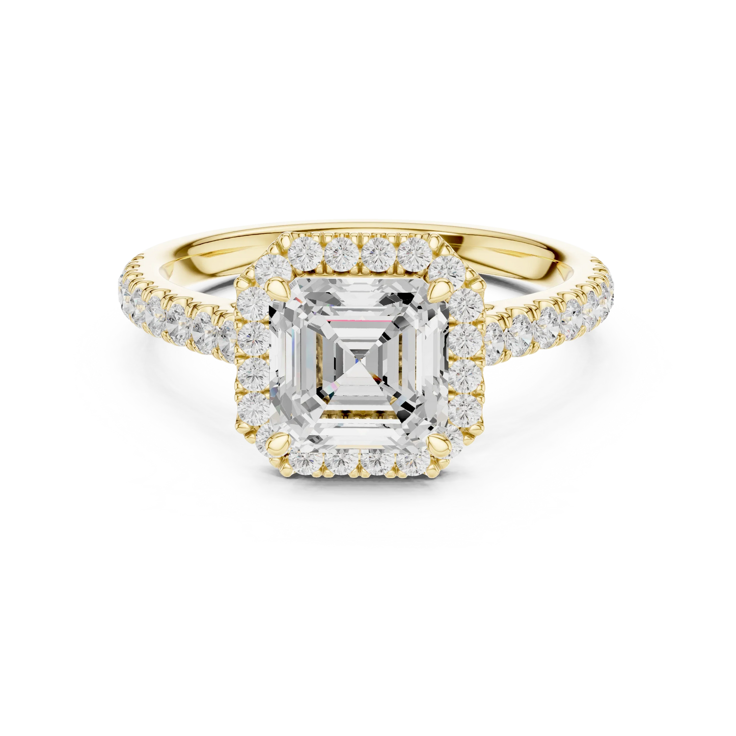 Front view of yellow gold royal halo Asscher cut diamond ring with lab-grown center stone encircled by halo diamonds, classic regal style