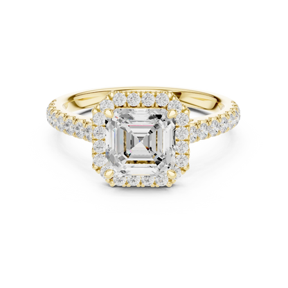 Front view of yellow gold royal halo Asscher cut diamond ring with lab-grown center stone encircled by halo diamonds, classic regal style