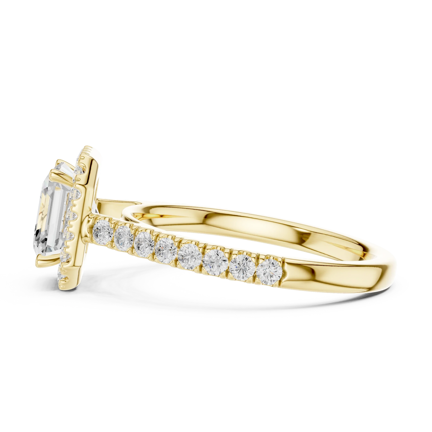 Side view of yellow gold Asscher cut diamond ring with halo setting highlighting band structure and center stone elevation