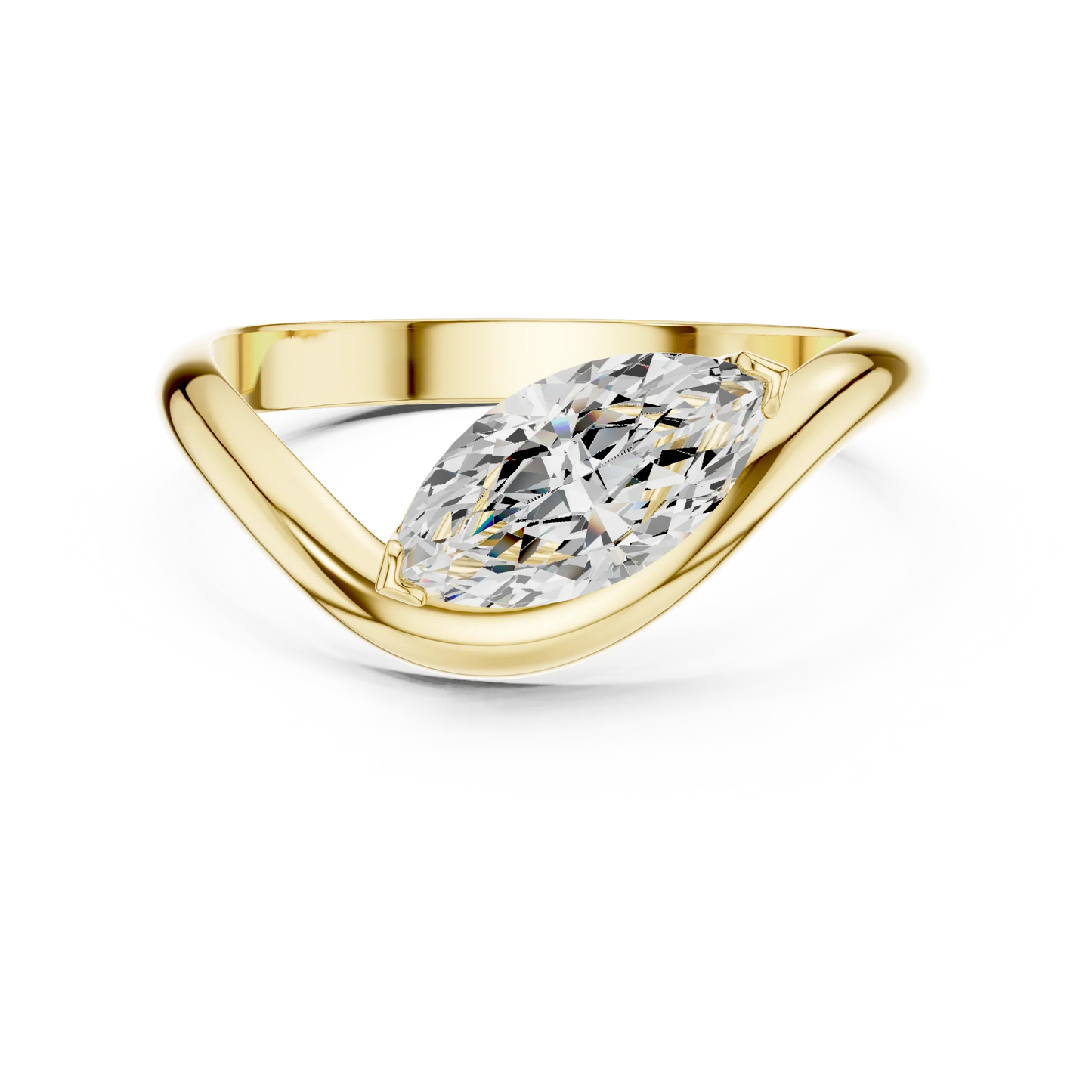 East-west marquise solitaire ring in yellow gold with lab-grown diamond