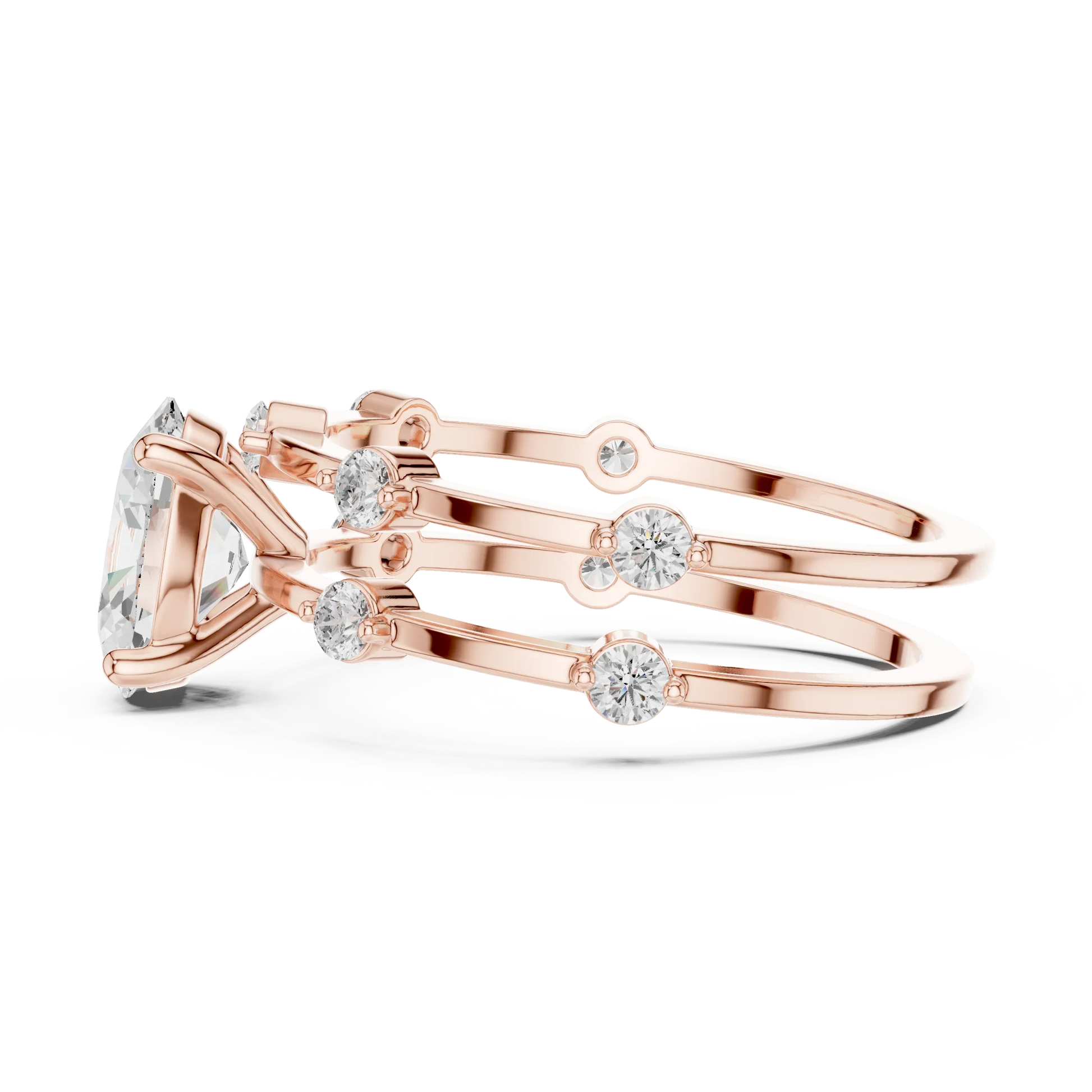 Split shank rose gold ring with center oval lab-grown diamond and side stones side view