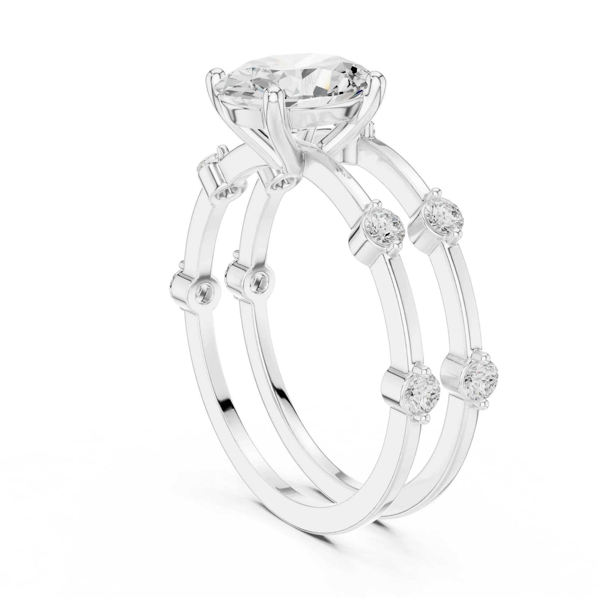 Split shank white gold ring with center oval lab-grown diamond and side stones back view