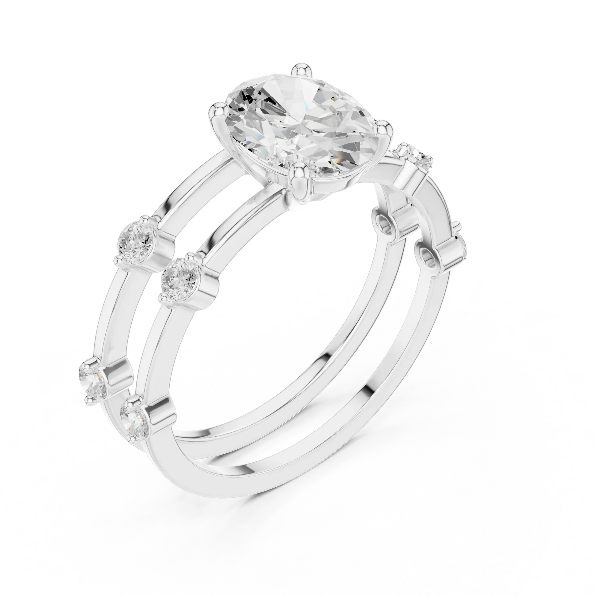 Split shank white gold ring with center oval lab-grown diamond and side stones front view