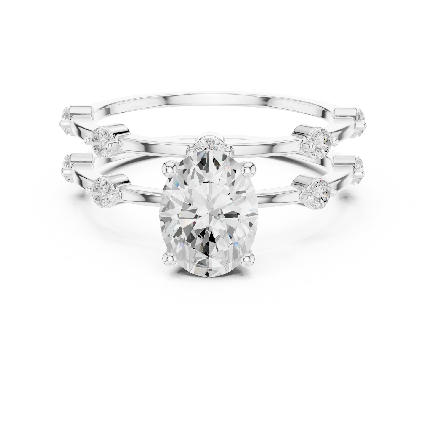 Split shank white gold ring with center oval lab-grown diamond and side stones