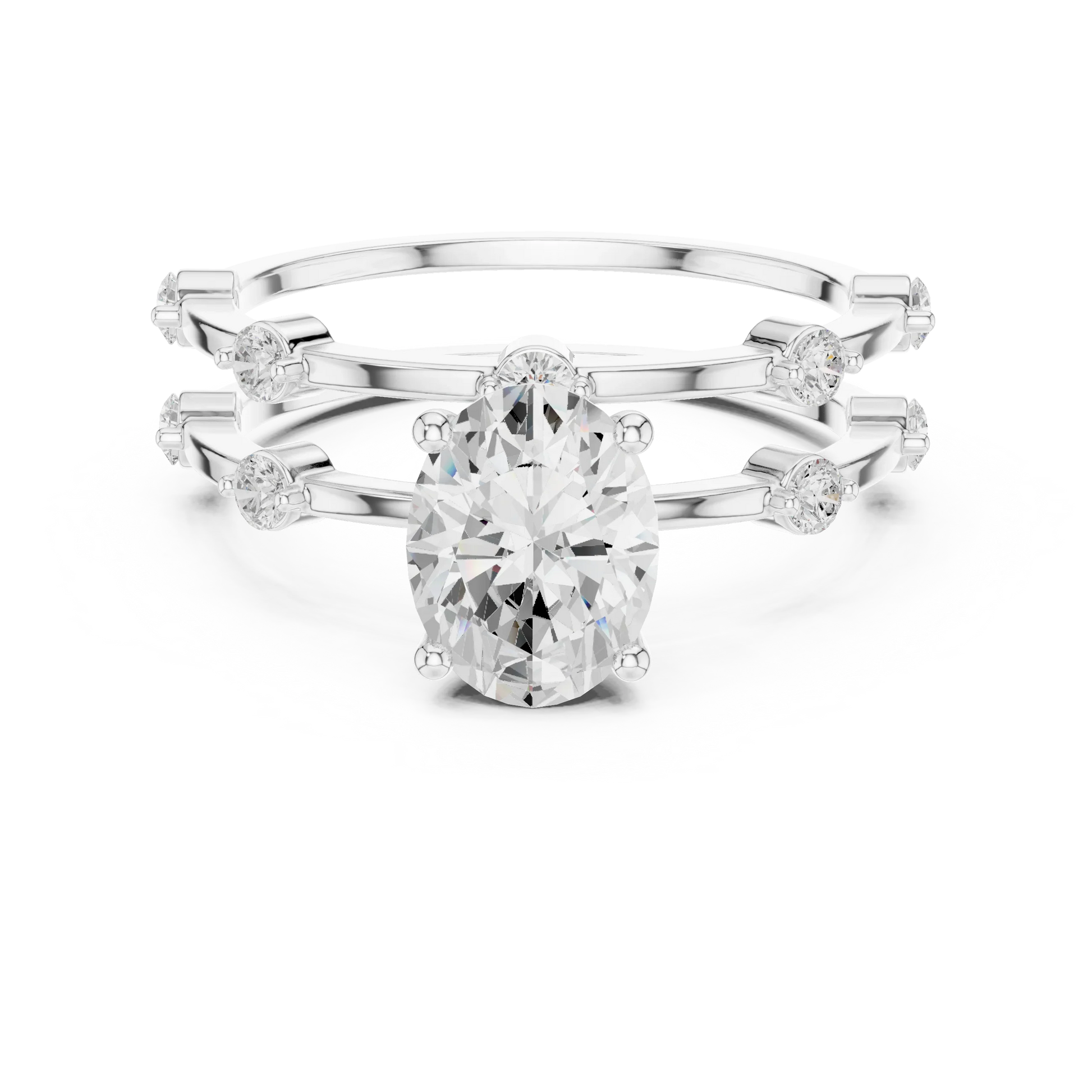 Split shank white gold ring with center oval lab-grown diamond and side stones
