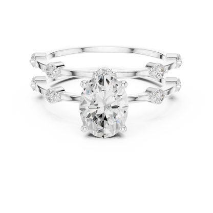 Split shank white gold ring with center oval lab-grown diamond and side stones