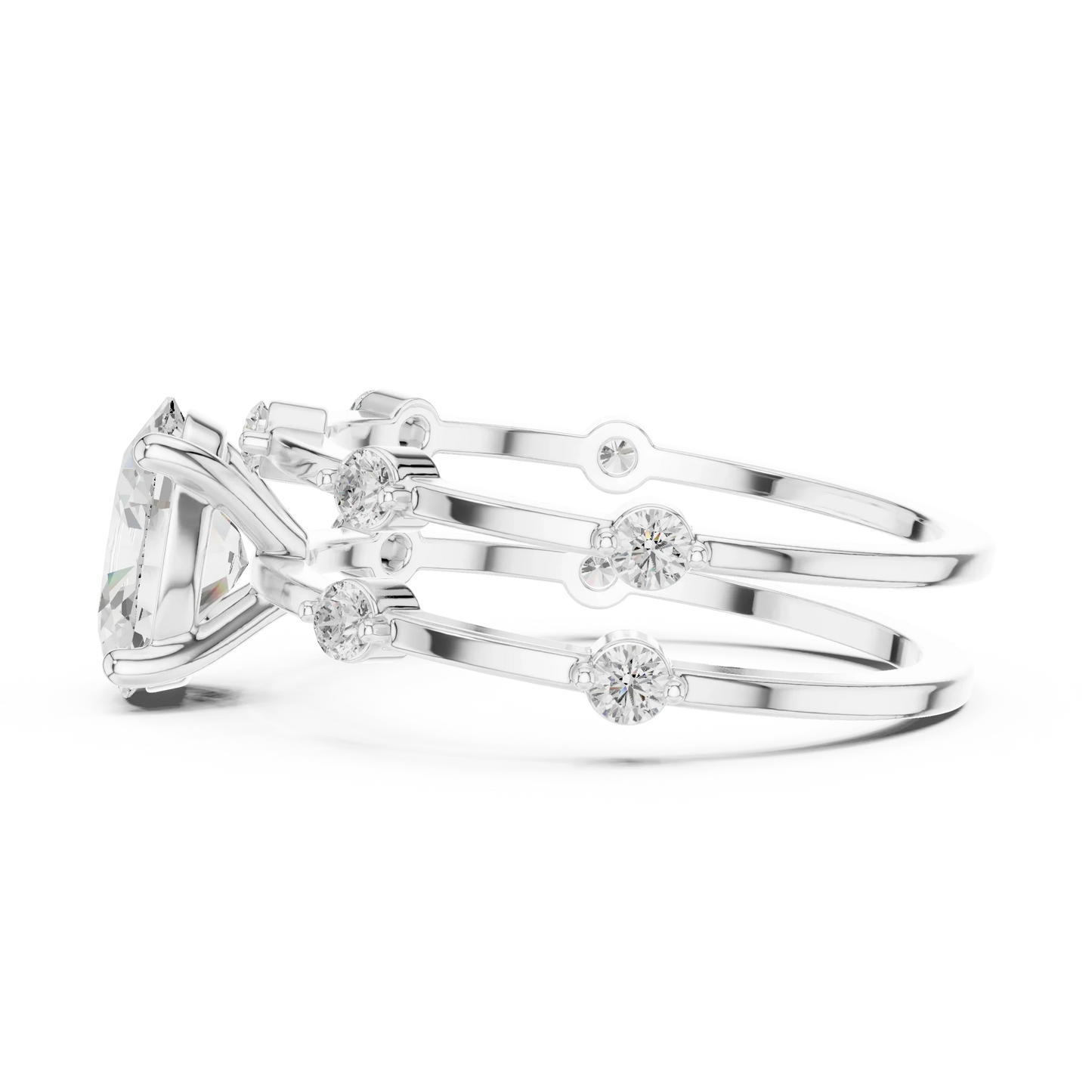 Split shank white gold ring with center oval lab-grown diamond and side stones side view