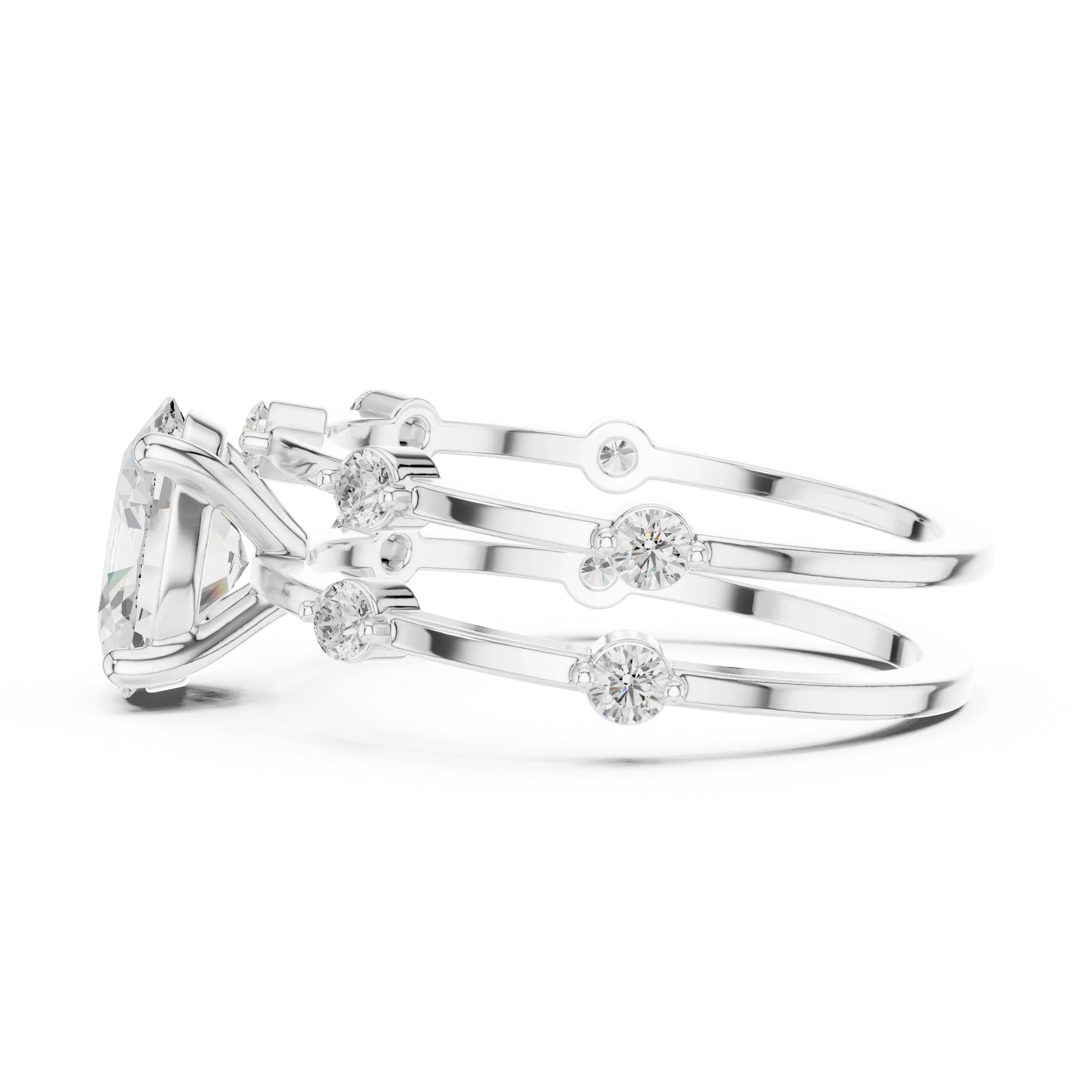 Split shank white gold ring with center oval lab-grown diamond and side stones side view