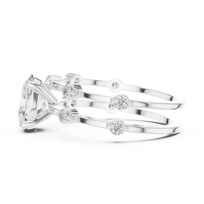 Split shank white gold ring with center oval lab-grown diamond and side stones side view