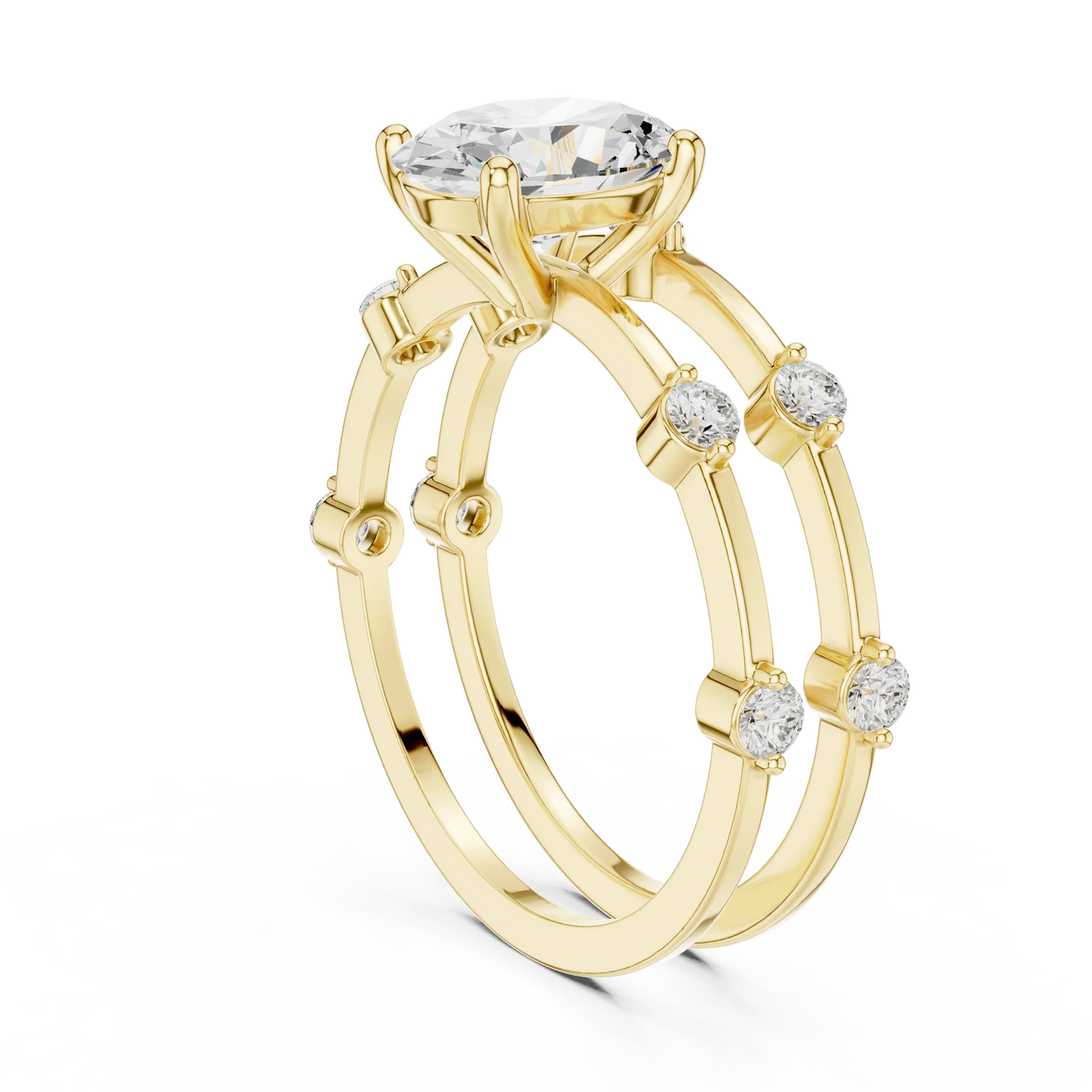 Split shank yellow gold ring with center oval lab-grown diamond and side stones back view