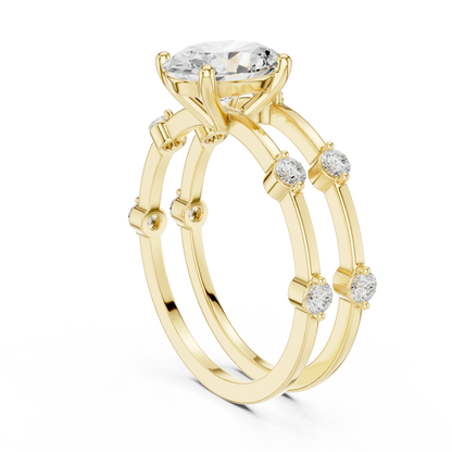 Split shank yellow gold ring with center oval lab-grown diamond and side stones back view
