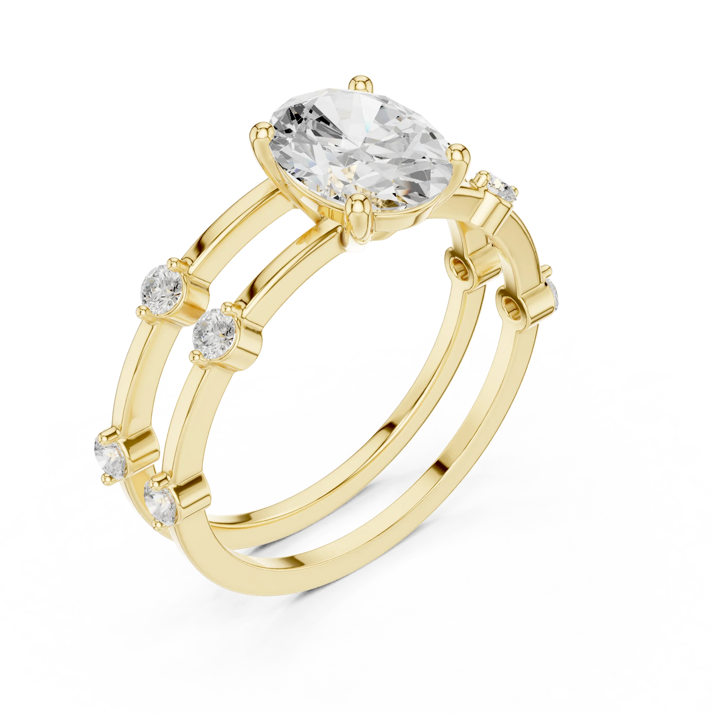 Split shank yellow gold ring with center oval lab-grown diamond and side stones front view