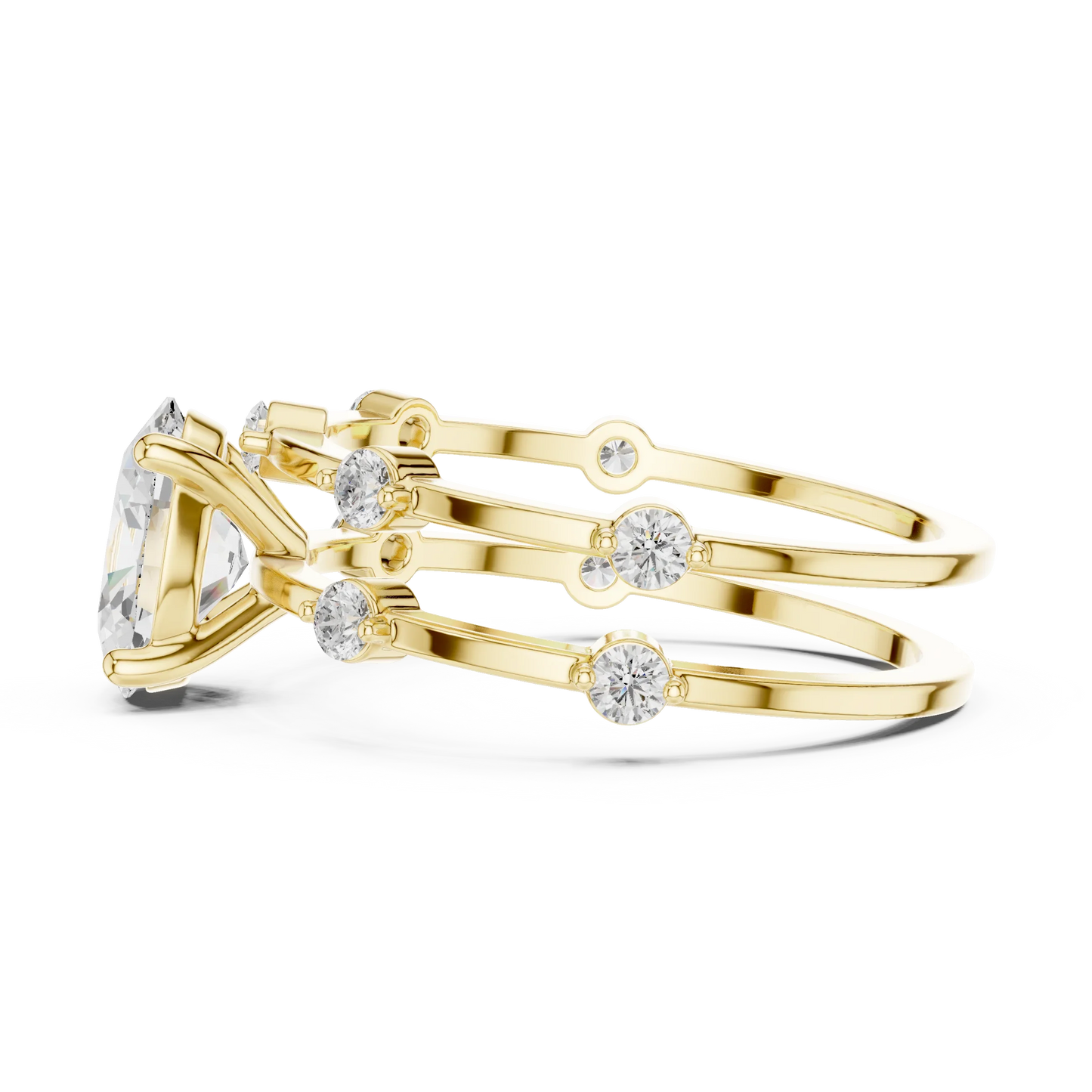 Split shank yellow gold ring with center oval lab-grown diamond and side stones side view