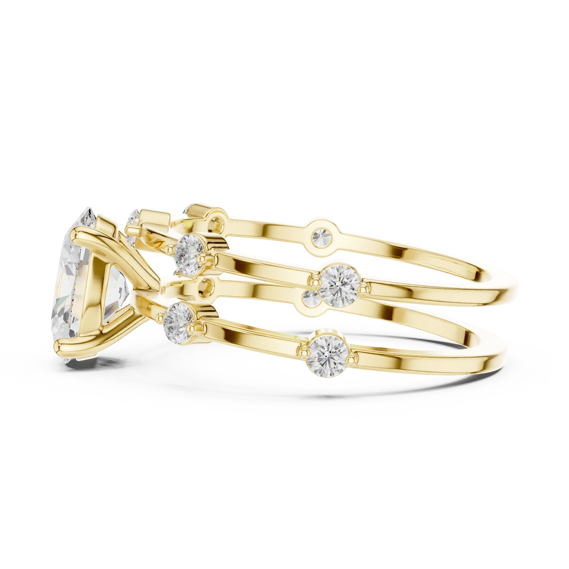 Split shank yellow gold ring with center oval lab-grown diamond and side stones side view