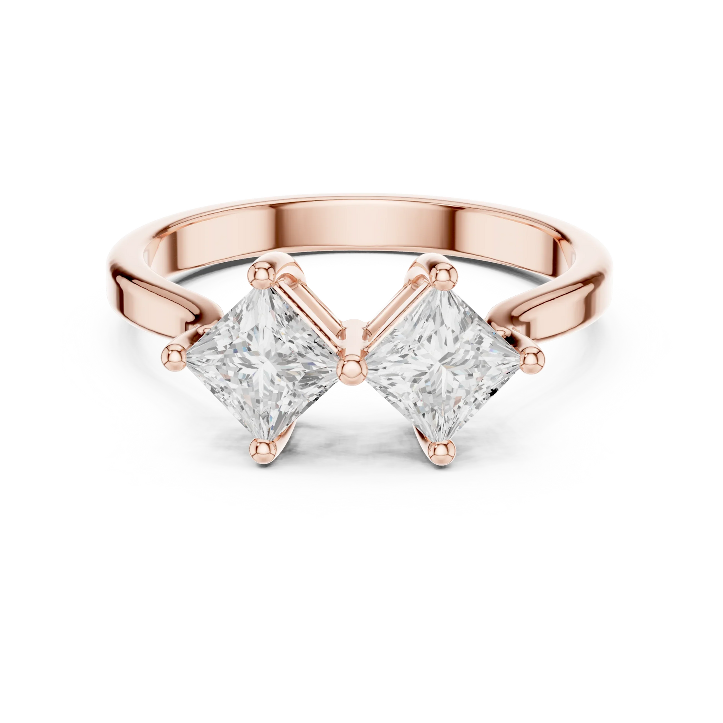 Toi et Moi ring with double princess cut lab-grown diamonds in rose gold with modern romantic finish