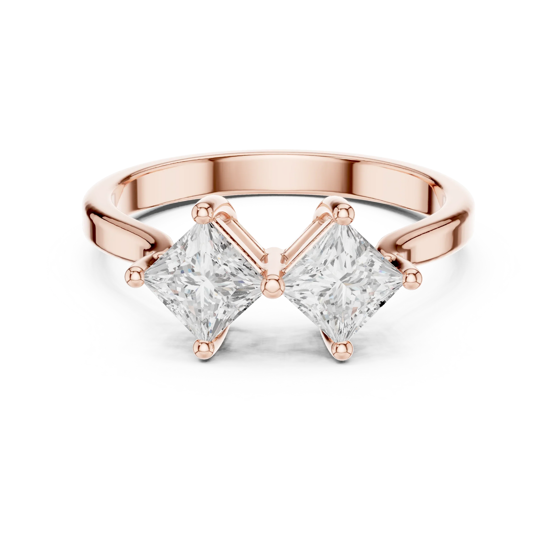Toi et Moi ring with double princess cut lab-grown diamonds in rose gold with modern romantic finish