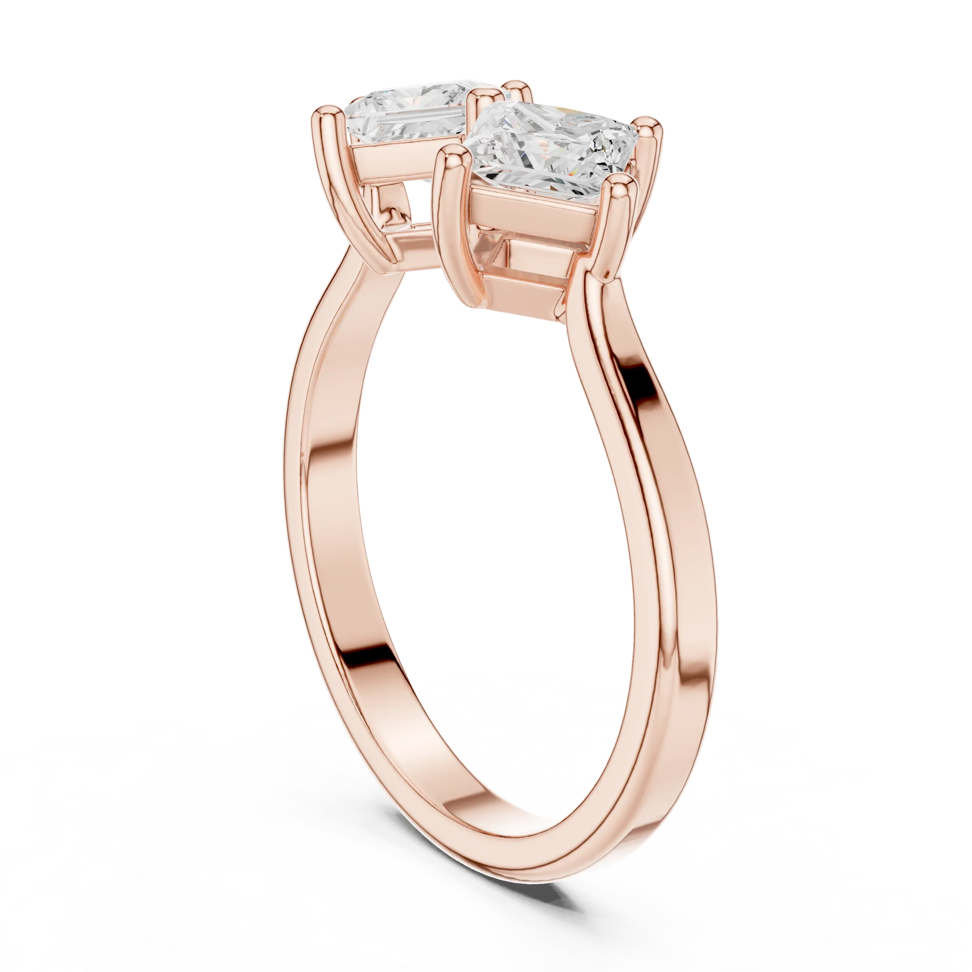 Back view of rose gold Toi et Moi ring with double princess cut lab-grown diamonds and polished band