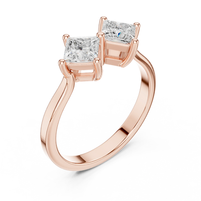 Front view of rose gold Toi et Moi ring featuring double princess cut lab-grown diamonds