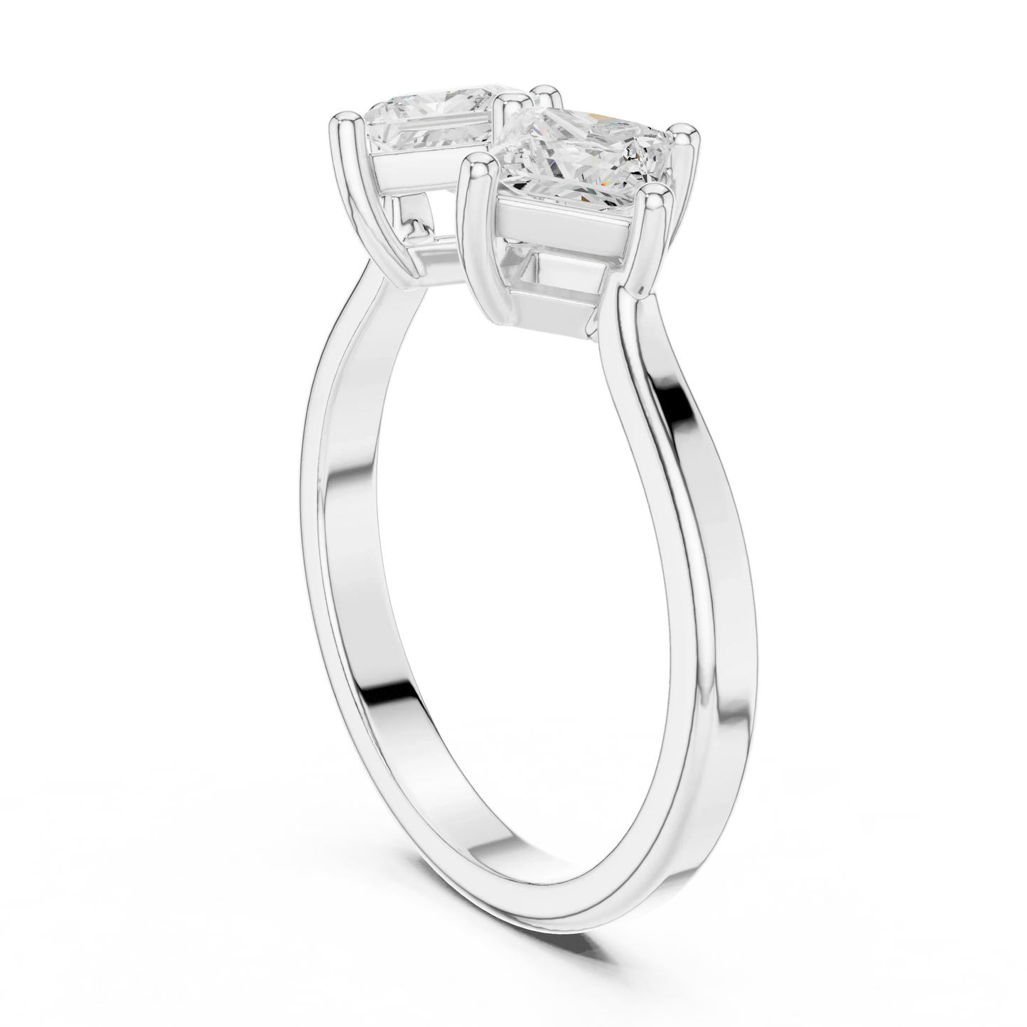 Back view of Toi et Moi ring in white gold with double princess cut lab-grown diamonds and polished band