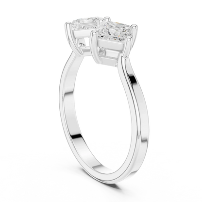 Back view of Toi et Moi ring in white gold with double princess cut lab-grown diamonds and polished band