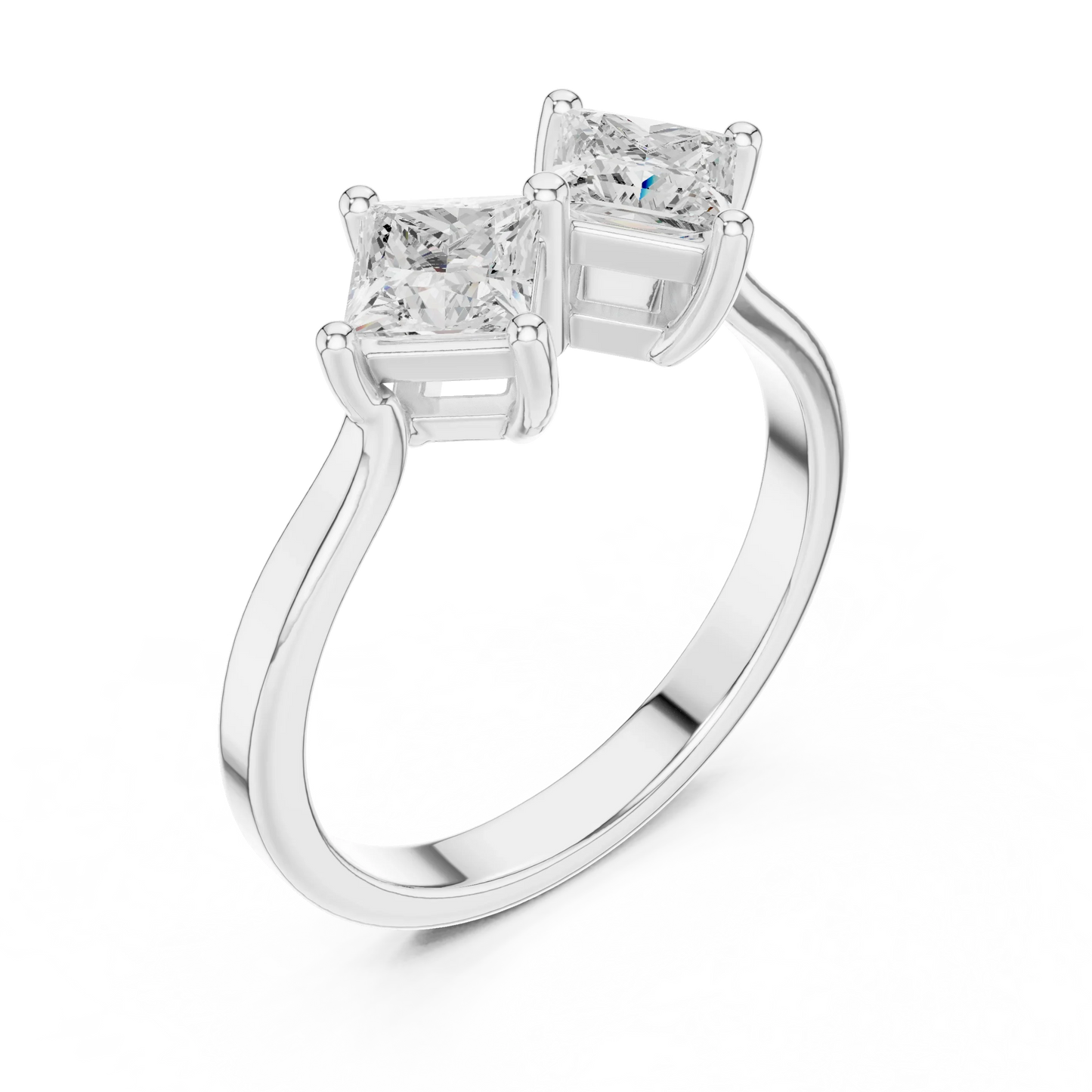 Front view of white gold Toi et Moi ring featuring double princess cut lab-grown diamonds