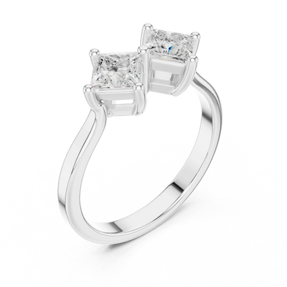 Front view of white gold Toi et Moi ring featuring double princess cut lab-grown diamonds