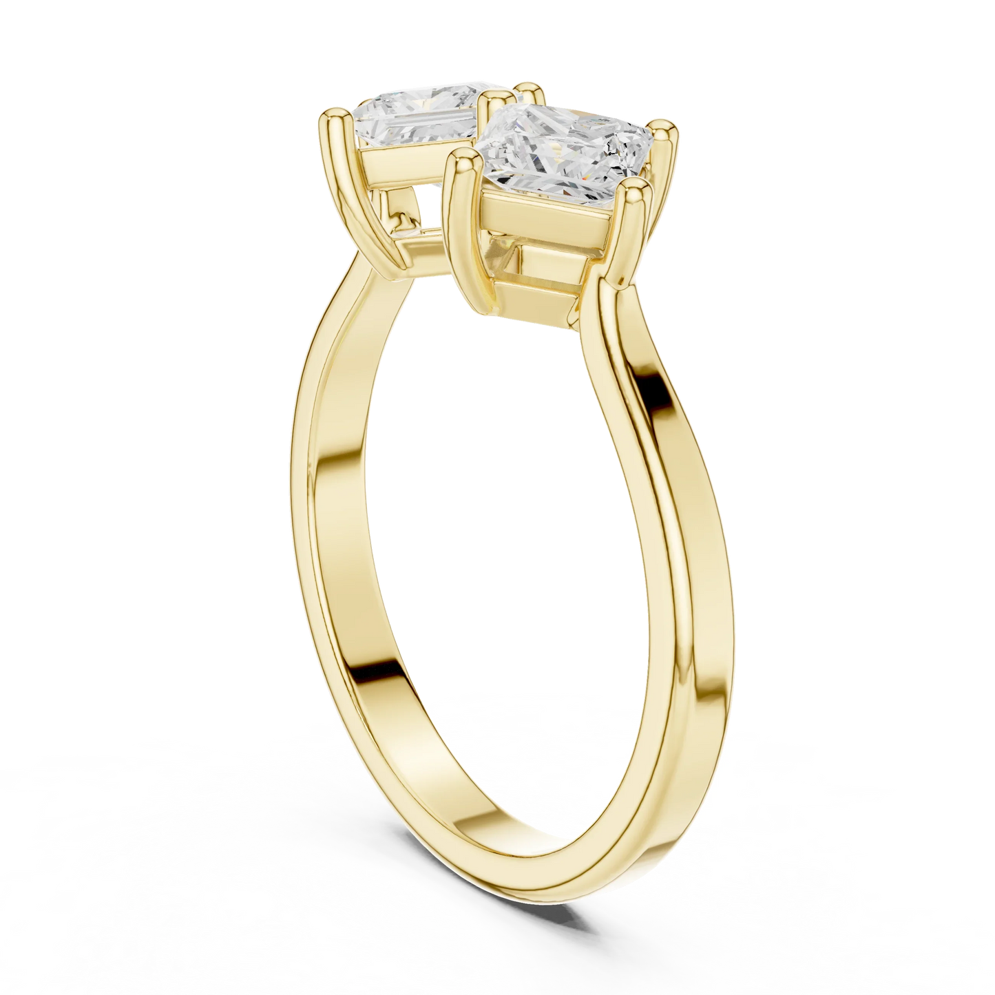 Back view of yellow gold Toi et Moi ring with double princess cut lab-grown diamonds and smooth band